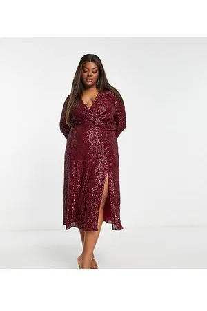 ASOS Vestido midi color baya con botones y detalle drapeado de lentejuelas de ASOS DESIGN Curve-Rojo