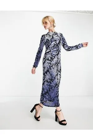 SELECTED Vestido midi azul de manga larga con estampado floral devoré de terciopelo de -Negro