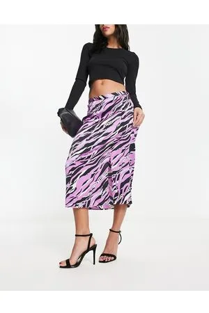 JDY Falda midi morada con estampado animal y abertura lateral de satén exclusiva de -Negro