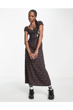 Motel Vestido semilargo negro con detalle entramado y estampado grunge floral de