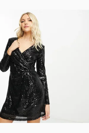 EDITED the label Vestido corto cruzado en la parte delantera de lentejuelas de -Black