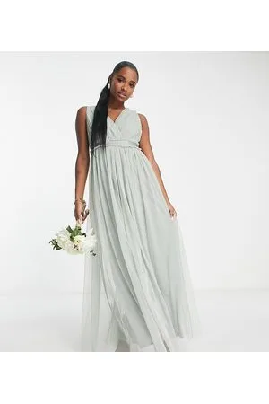 ANAYA Vestido de dama de honor largo con volantes en la cintura y cuello de pico de