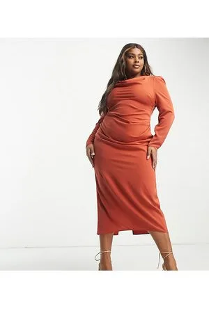 ASOS Vestido midi color óxido ceñido con hombros drapeados de ASOS DESIGN Curve-Marrón