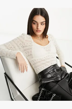 VILA Top color crema de manga larga con cuello de pico de encaje de -Blanco