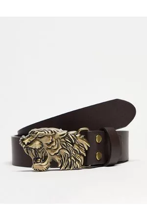 ASOS Hombre Cinturones - Cinturón oscuro de cuero sintético con hebilla de tigre de