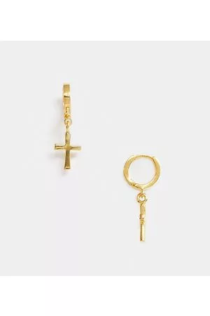 ASOS Hombre Pendientes - Pendientes de aro con diseño de cruces de plata de ley chapada en oro de 14 quilates de