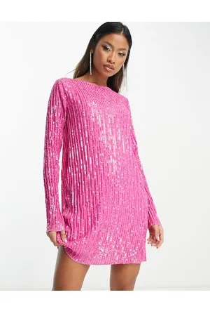 ASOS Vestido corto de manga larga y corte recto plisado de lentejuelas de -Beis neutro