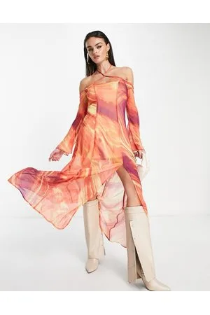 Annorlunda Vestido largo multicolor con estampado de y ribete de círculos de malla de -Naranja