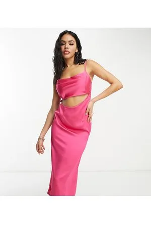 Public Desire Vestido midi rosa luminoso con abertura de satén exclusivo de x Paris Artiste