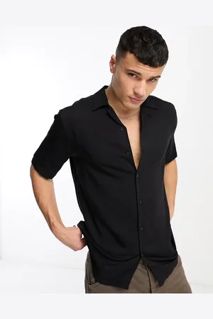 Only & Sons Camisa negra de manga corta con solapas de viscosa de