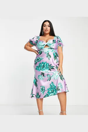 ASOS Vestido de tarde midi lila con estampado floral verde y detalle retorcido en la parte delantera de satén de ASOS DESIGN Curve-Multicolor