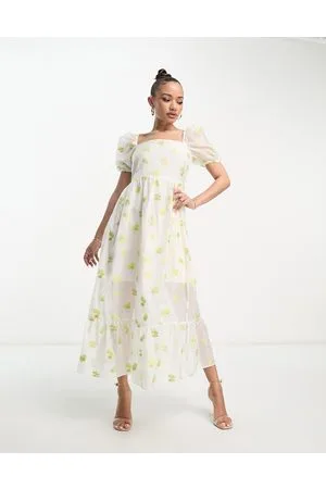 Collective The Label Vestido de tarde color marfil con mangas abullonadas y estampado floral de organza de -Blanco