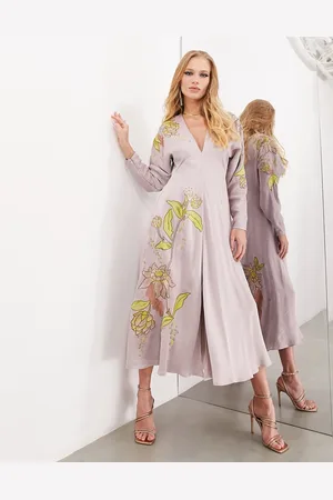 ASOS Vestido midi de manga larga con bordado floral de satén de -Morado