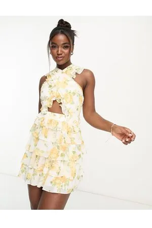 Forever New Vestido corto con estampado floral amarillo y abertura en la cintura de