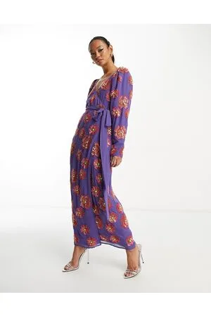 ASOS Vestido midi cruzado con diseño floral de lentejuelas de