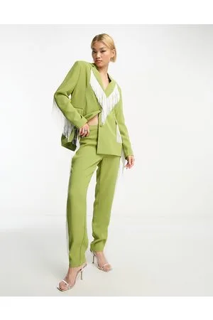 Extro & Vert Pantalones verdes y blancos de pernera recta con flecos premium de (parte de un conjunto)