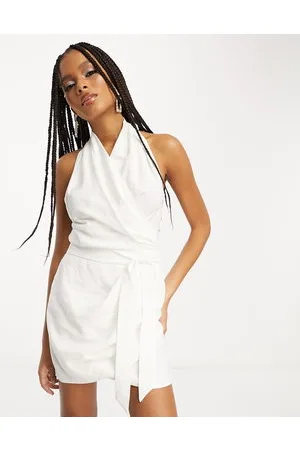 ASOS Vestido corto lavado con lazada en la cintura y cuello halter de