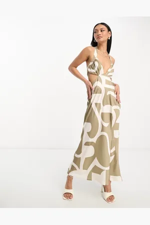 ASOS Vestido midi marrón escotado con , cuello halter y detalle de abertura en la cintura de satén de -Multicolor