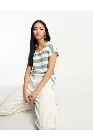 VERO MODA Camiseta a rayas blancas y caquis de corte extragrande de -Verde