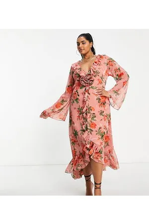 ASOS Vestido midi rosa escotado con estampado floral, detalle de ramillete y volantes de tejido rugoso de ASOS DESIGN Curve-Multicolor