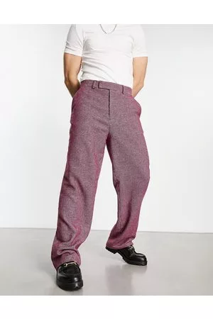 ASOS Hombre Chinos - Pantalones de vestir de pernera ancha con estampado de pata de gallo de mezcla de lana de -Rojo