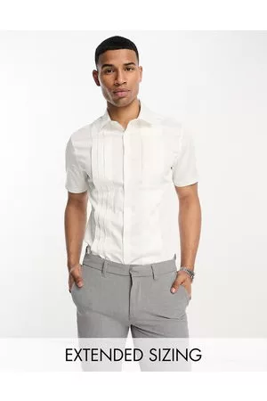 ASOS Hombre Camisas - Camisa de vestir blanca de corte slim con jaretas en la parte delantera de satén de