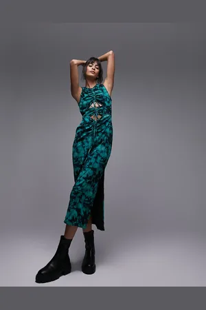 Topshop Vestido largo efecto tie dye fruncido de malla de