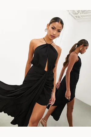 ASOS Vestido midi con cuello halter, diseño drapeado y detalle de lazada de