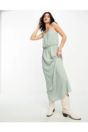 ONLY Vestido largo verde fruncido con estampado de lunares de