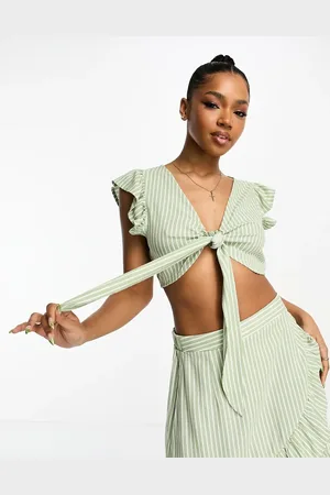 VERO MODA Top corto verde a rayas con parte delantera anudada de tejido efecto lino de (parte de un conjunto)