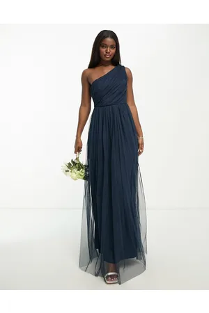 ANAYA Vestido de dama de honor largo con diseño asimétrico de tul de