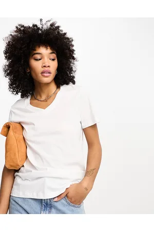 SELECTED Camiseta blanca de manga corta con cuello de pico de Femme