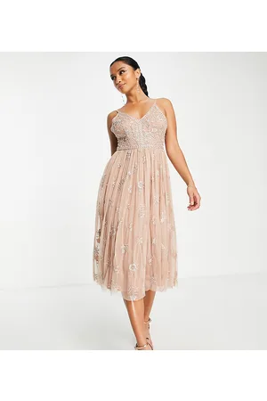 Beauut Vestido de dama de honor midi color topo con falda de tul y abalorios finos de Petite-Beis neutro