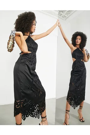 ASOS Vestido midi con cuello halter y diseño calado de satén de