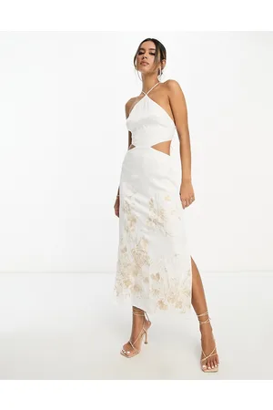 ASOS Vestido corto con cuello halter, diseño bordado y abertura en la espalda de satén de -Blanco