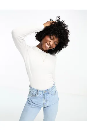 VERO MODA Camiseta blanca de manga larga de canalé de