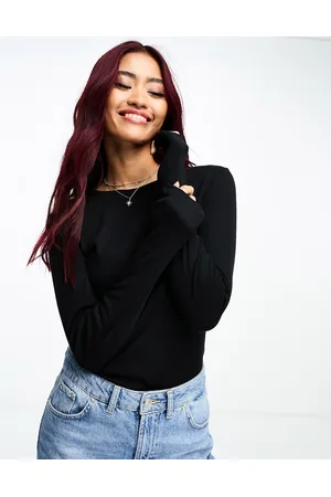 VERO MODA Camiseta negra de manga larga de canalé de