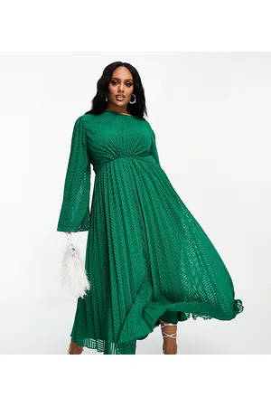 ASOS Vestido midi verde plisado con mangas fluidas, lazada en la espalda y patrón de chevrón de chifón de ASOS DESIGN Curve