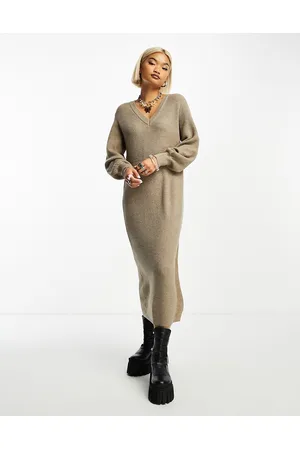 Object Vestido midi beis melange estilo jersey con cuello de pico y mangas globo de punto de -Beis neutro