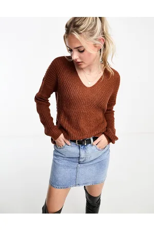 JDY Jersey color con cuello de pico de punto ligero de -Caoba