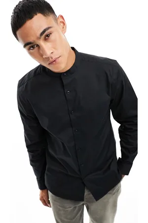 New Look Camisa negra de manga larga con cuello mao de