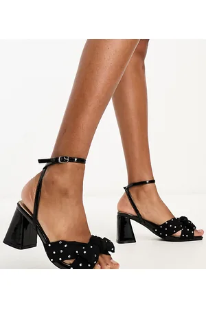 Glamorous Sandalias negras de tacón medio con lazo y pedrería exclusivas de