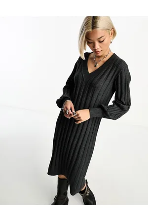 Object Vestido gris oscuro estilo jersey con cuello de pico de canalé de