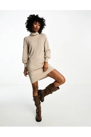 ONLY Vestido midi estilo jersey con mangas abullonadas y cuello vuelto de punto de - neutro