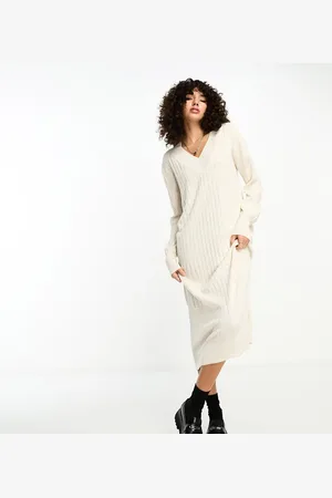 ONLY Vestido largo color con cuello de pico de punto de -Blanco