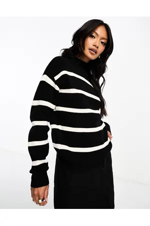 VILA Jersey negro a rayas monocromáticas con cuello alto de tejido supersuave de