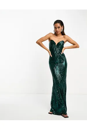 TFNC Vestido largo con escote palabra de honor de lentejuelas de