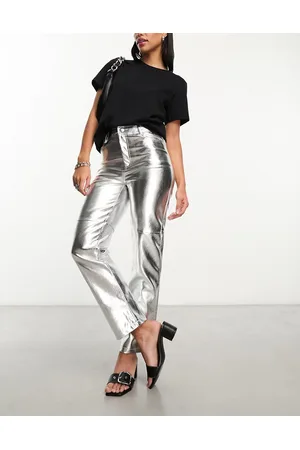 New Look Pantalones plateados de pernera recta de cuero sintético de