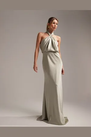 ASOS Vestido de dama de honor largo con cuello halter fruncido de satén de