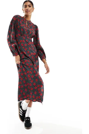 New Look Vestido midi de manga larga con estampado de rosas y abertura vertical de